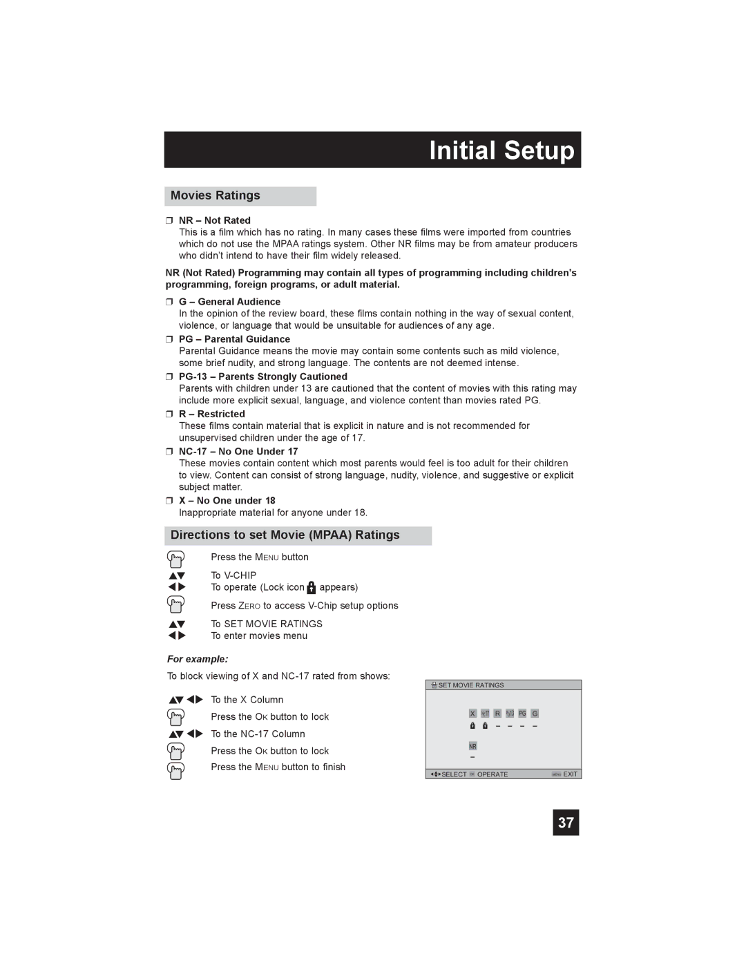 JVC LT-26X585 manual Movies Ratings, Directions to set Movie Mpaa Ratings 