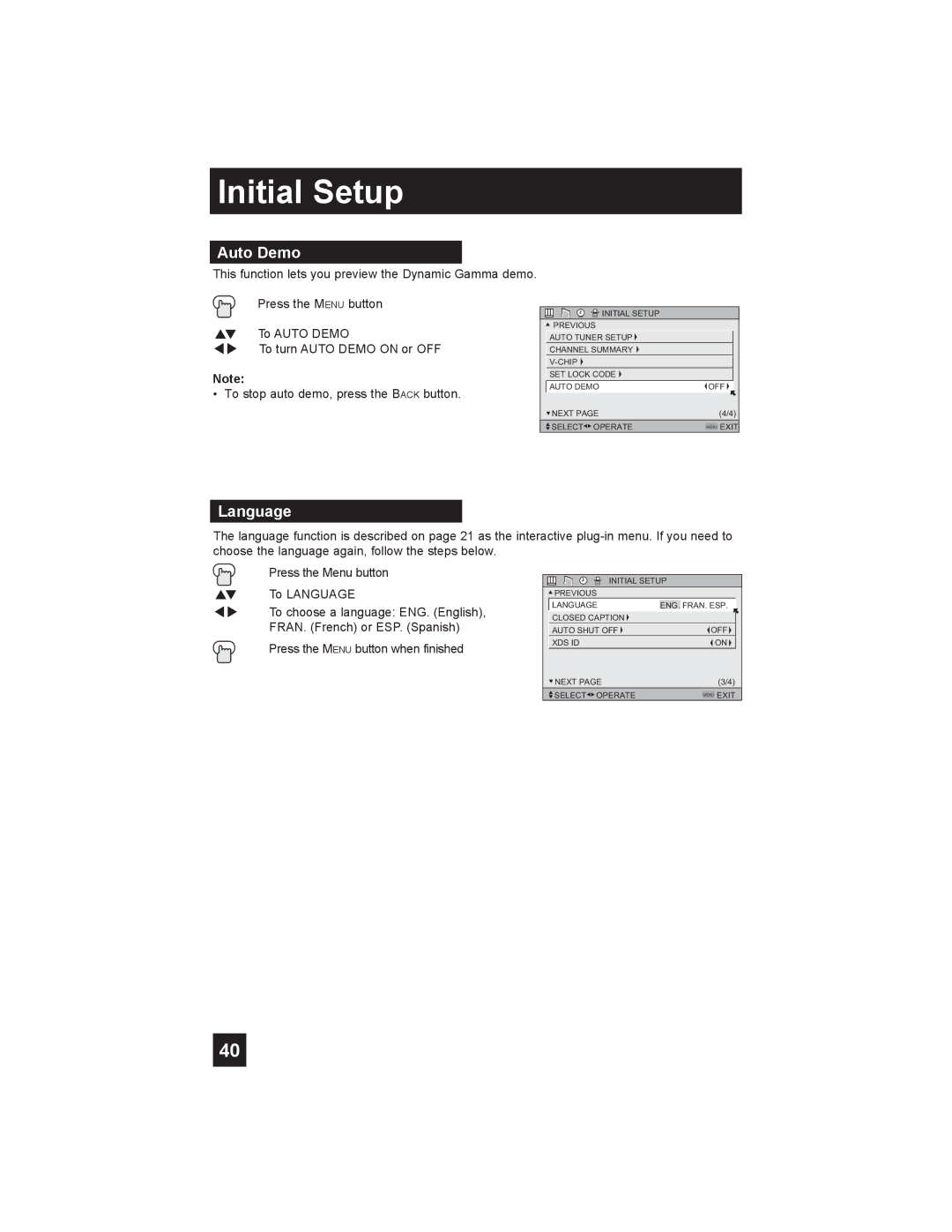 JVC LT-26X585 manual Auto Demo, Language 