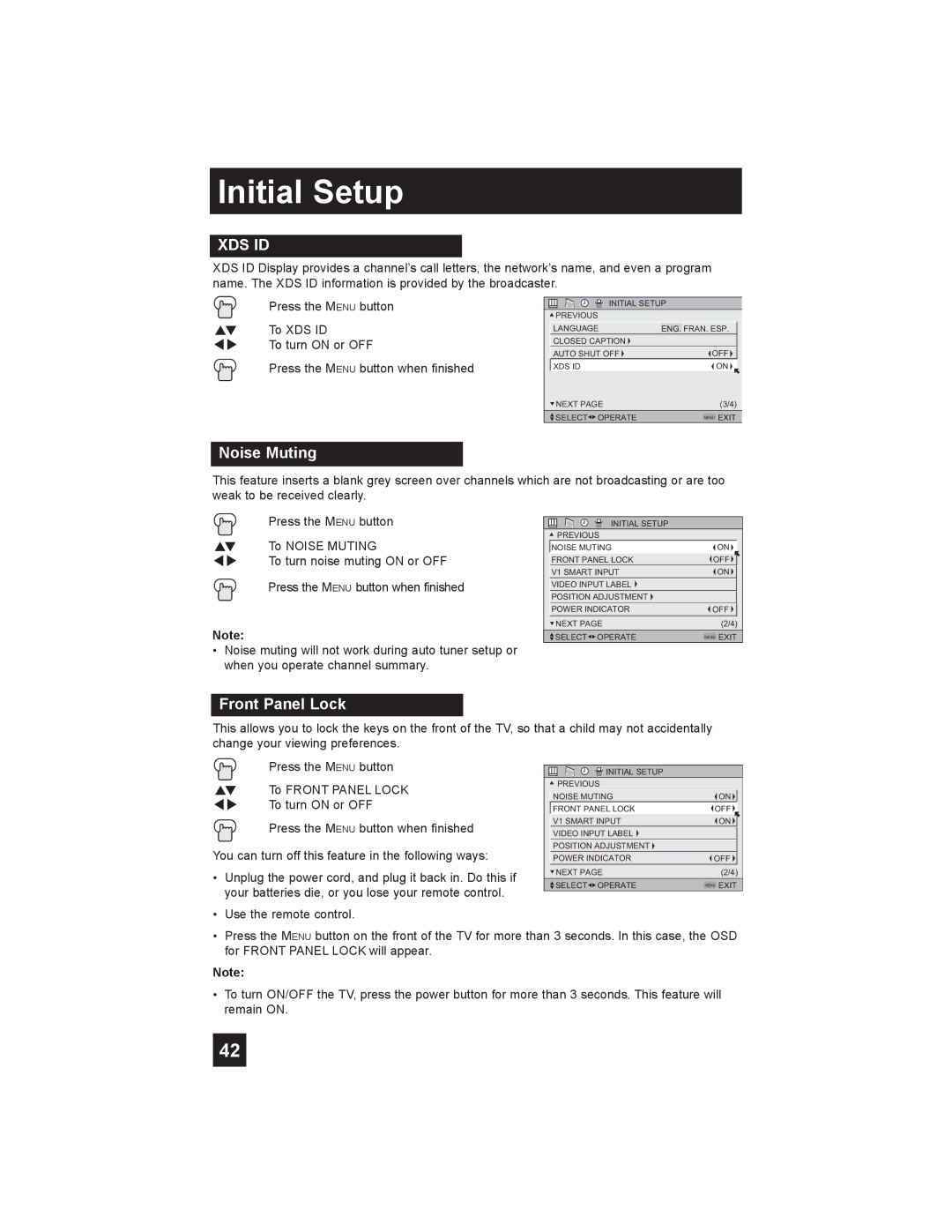 JVC LT-26X585 manual Noise Muting, Front Panel Lock 