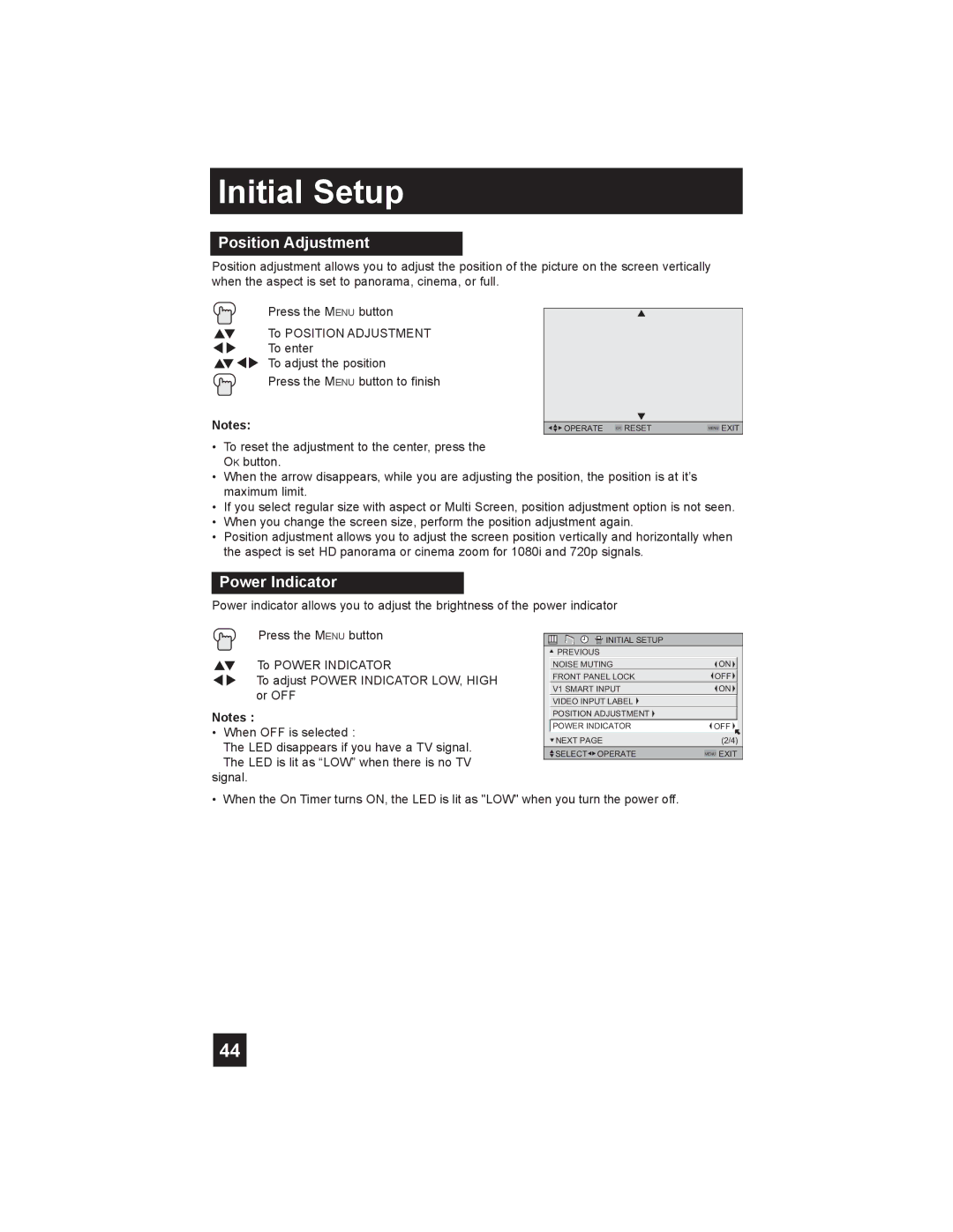 JVC LT-26X585 manual Position Adjustment, Power Indicator 