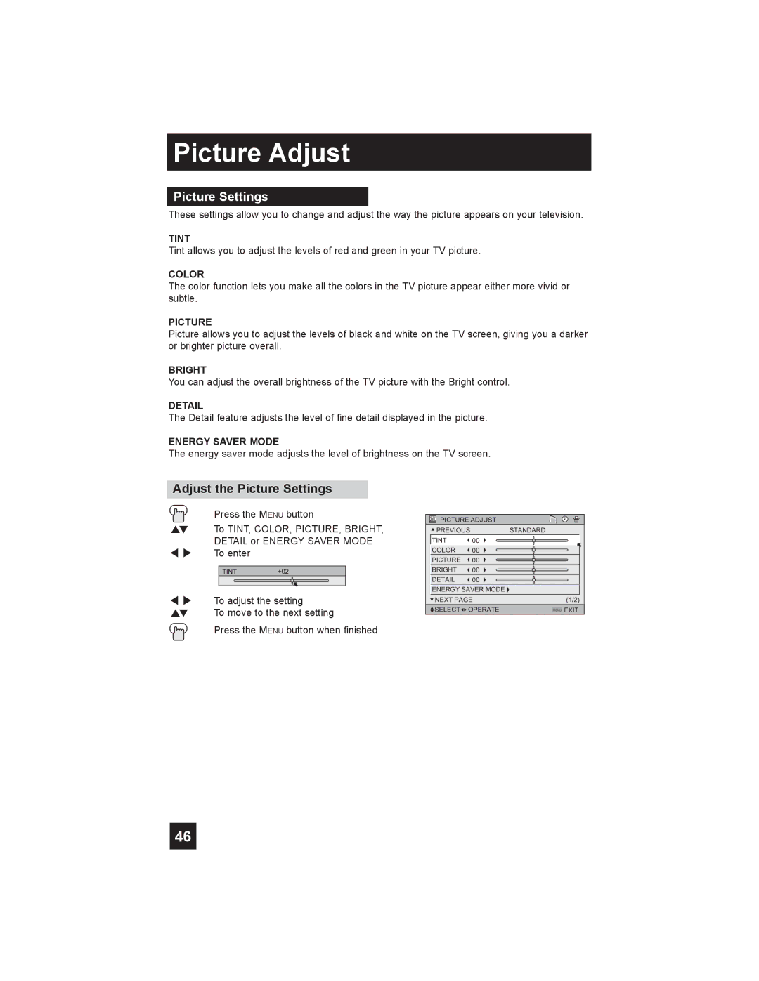 JVC LT-26X585 manual Picture Adjust, Adjust the Picture Settings 