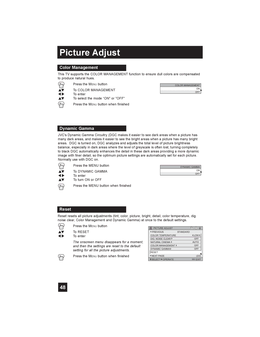 JVC LT-26X585 manual Color Management, Dynamic Gamma, Reset 