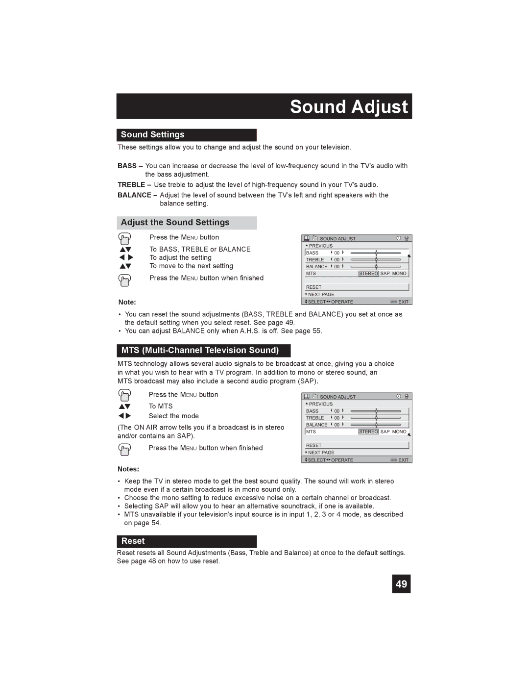 JVC LT-26X585 manual Sound Adjust, Adjust the Sound Settings, MTS Multi-Channel Television Sound 