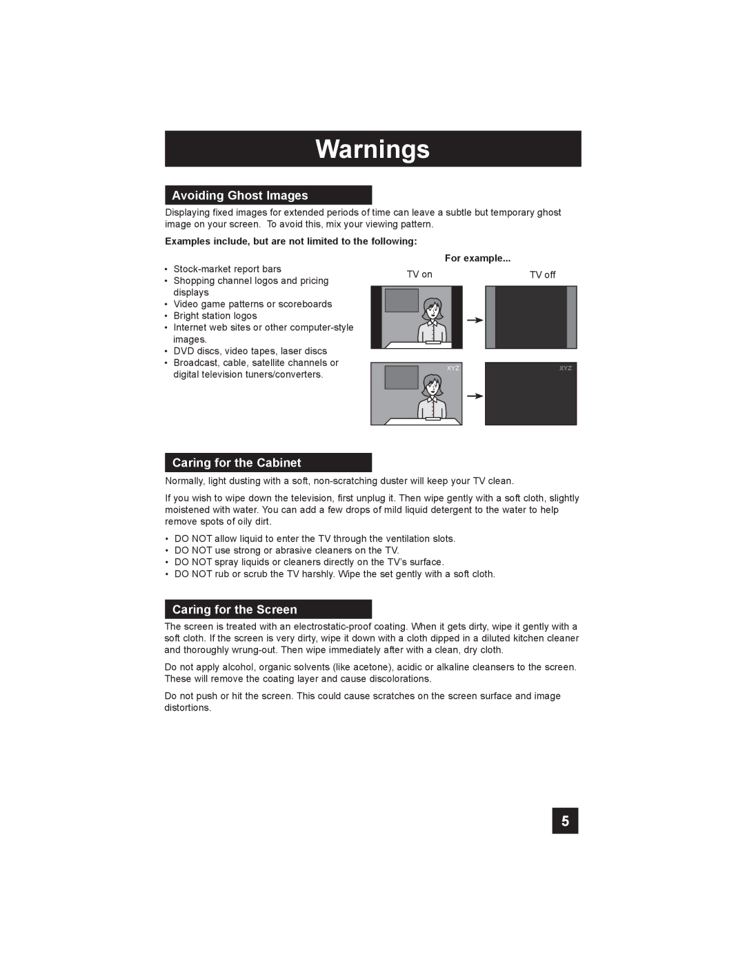 JVC LT-26X585 manual Avoiding Ghost Images, Caring for the Cabinet, Caring for the Screen, For example 