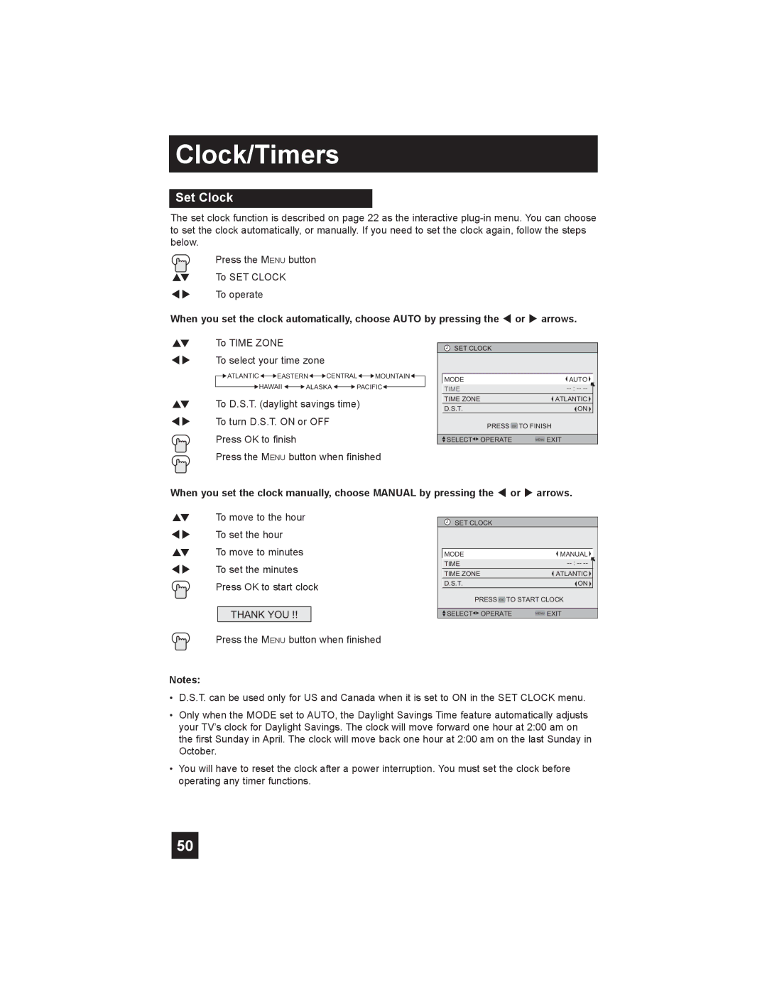 JVC LT-26X585 manual Clock/Timers, Set Clock 