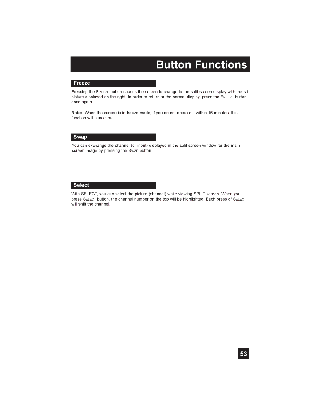 JVC LT-26X585 manual Freeze, Swap, Select 