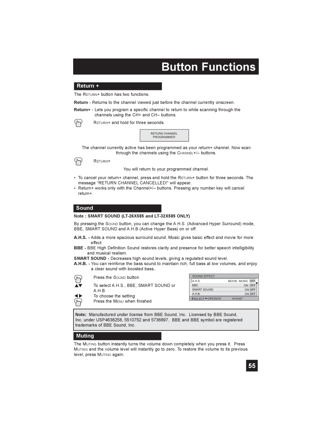 JVC LT-26X585 manual Return +, Sound, Muting 