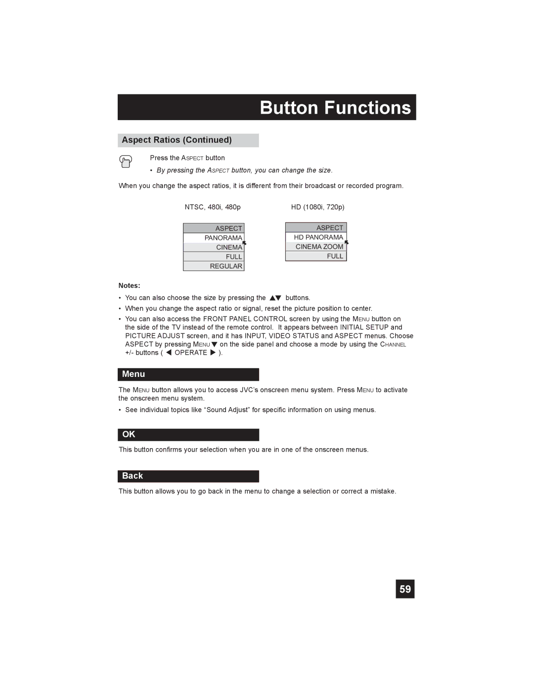 JVC LT-26X585 manual Menu, Back 