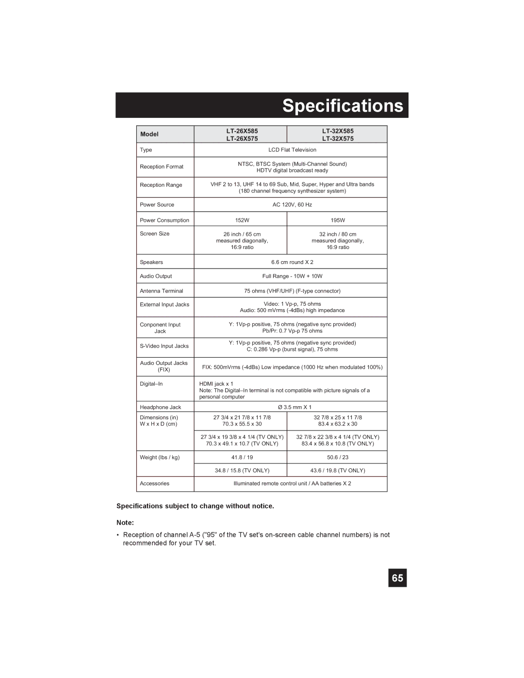 JVC LT-26X585 manual Specifications subject to change without notice 