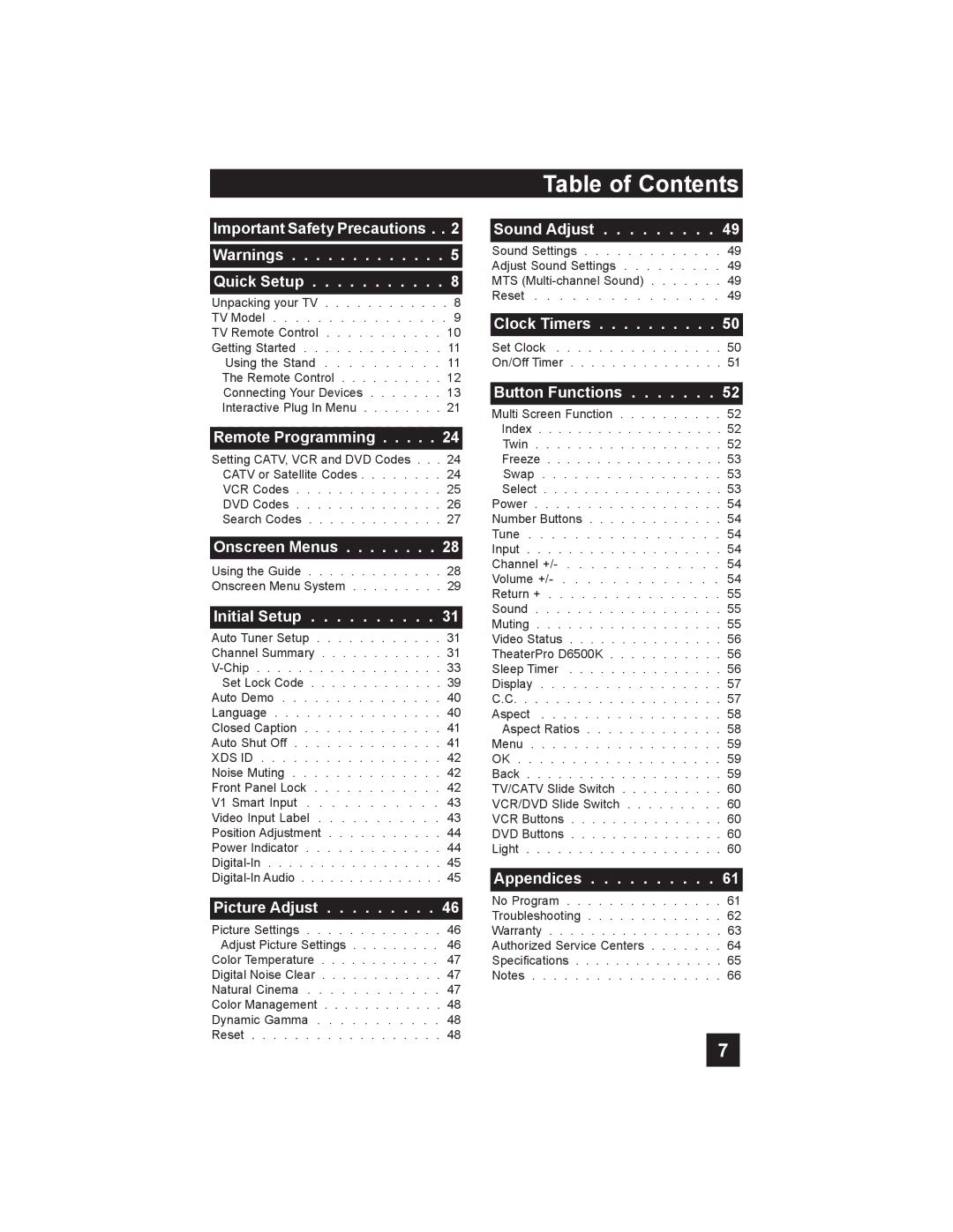 JVC LT-26X585 manual Table of Contents 