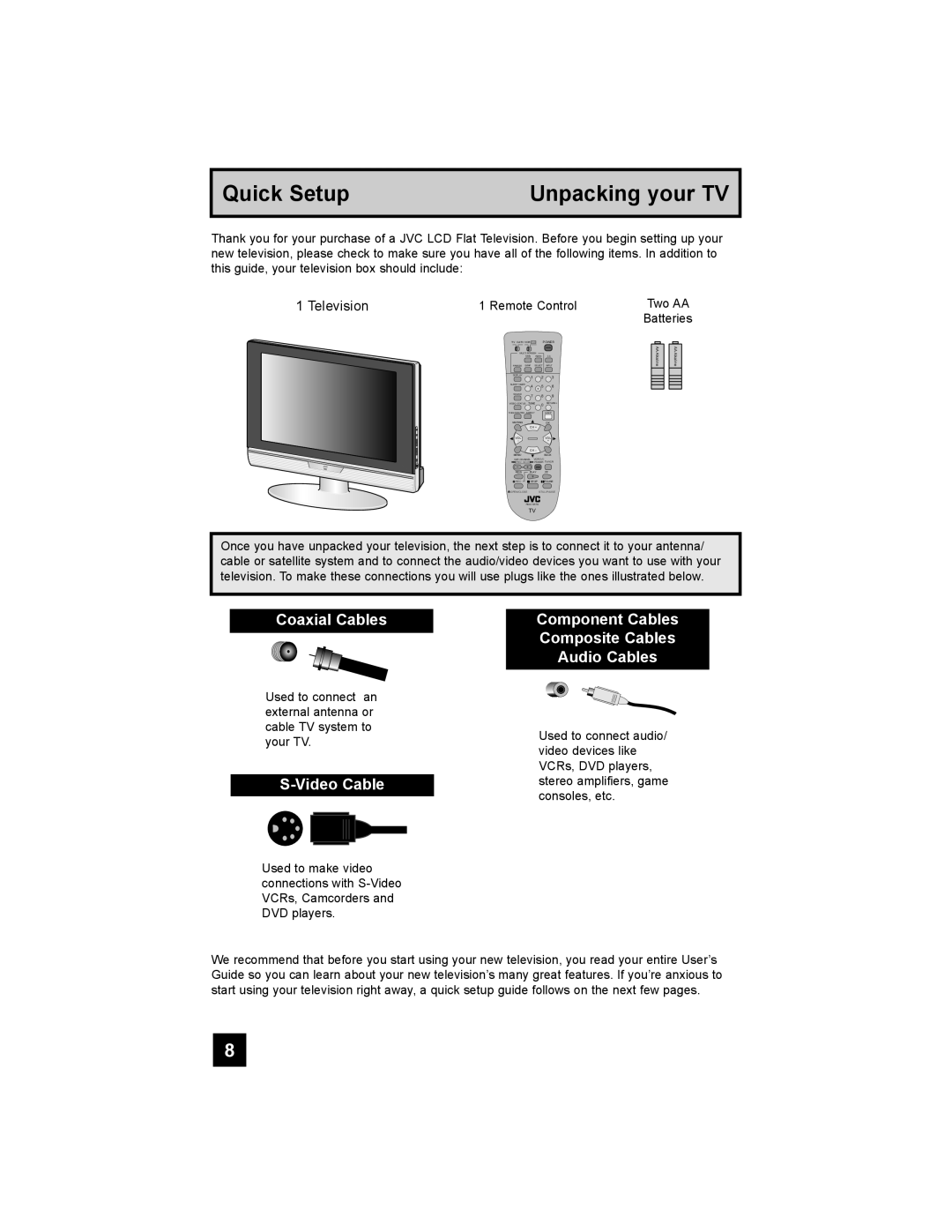 JVC LT-26X585 manual Coaxial Cables, Video Cable, Component Cables Composite Cables Audio Cables 