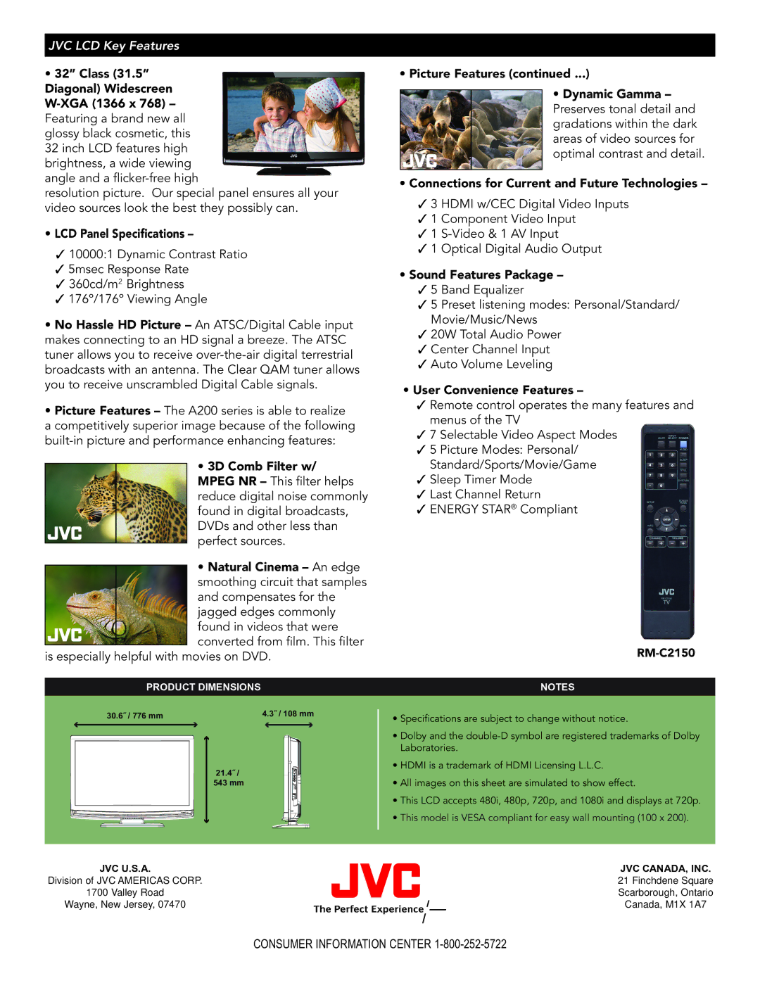 JVC LT-32A200 manual LCD Panel Specifications, Sound Features Package, User Convenience Features, RM-C2150 