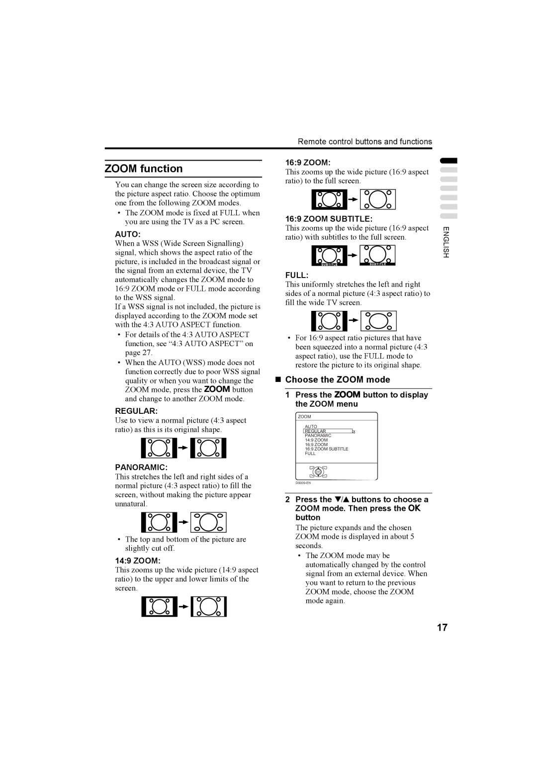 JVC LT-32A60SU, LT-32A60BU manual Zoom function, „ Choose the Zoom mode, Press the c button to display the Zoom menu 