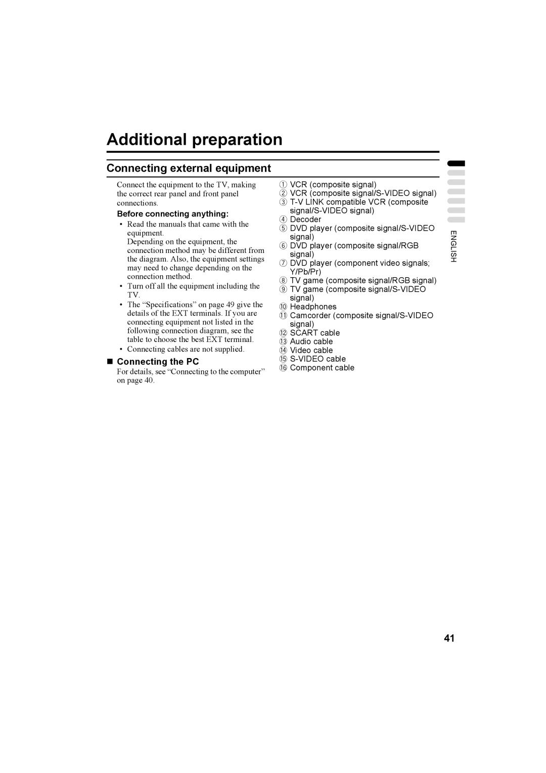 JVC LT-32A60SU Additional preparation, Connecting external equipment, „ Connecting the PC, Before connecting anything 