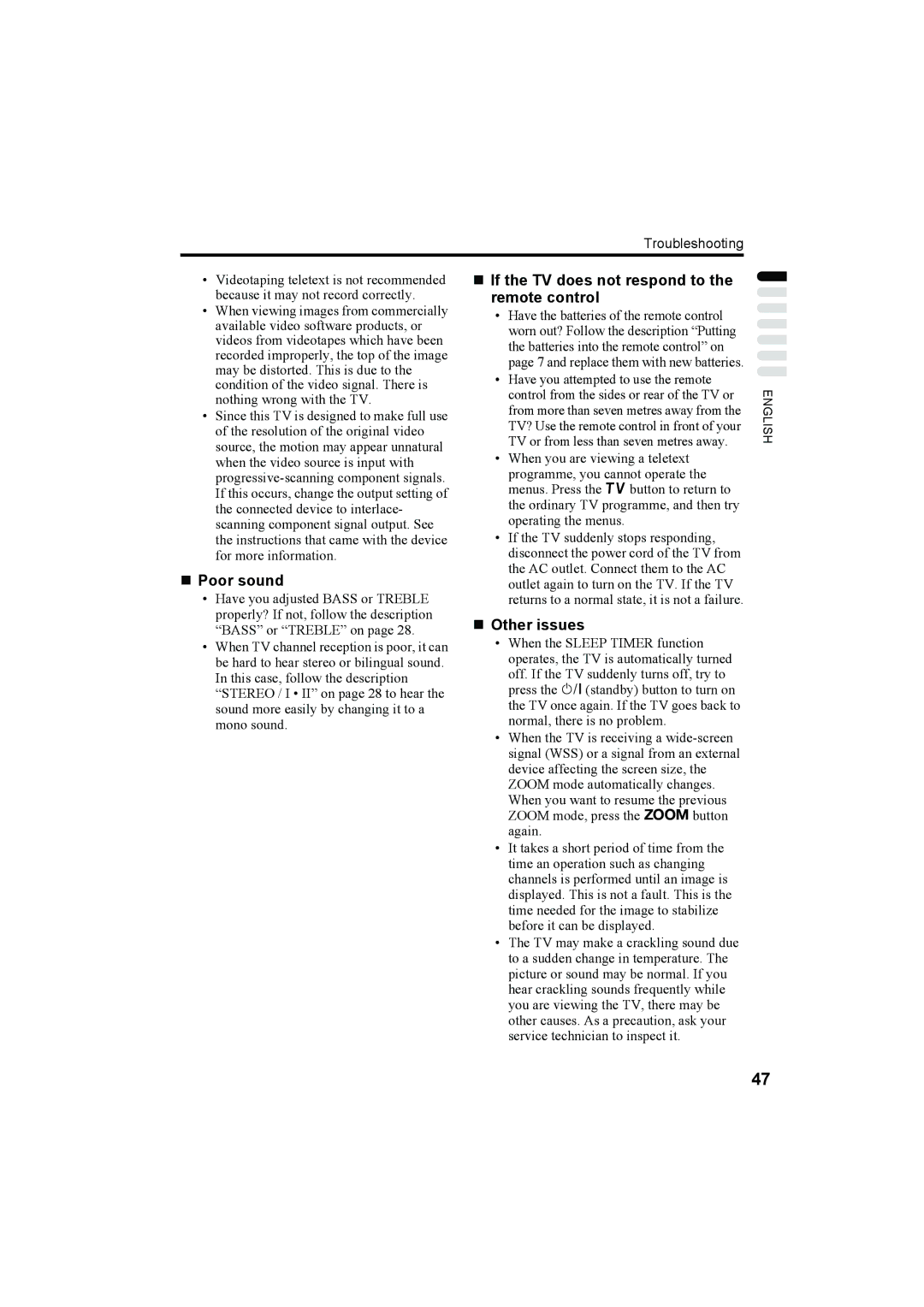 JVC LT-32A60SU, LT-32A60BU manual „ Poor sound, „ If the TV does not respond to the remote control, „ Other issues 