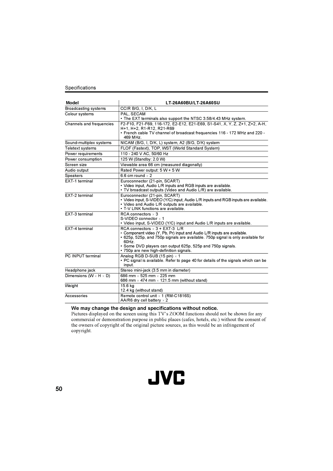 JVC LT-32A60BU, LT-32A60SU manual Specifications 