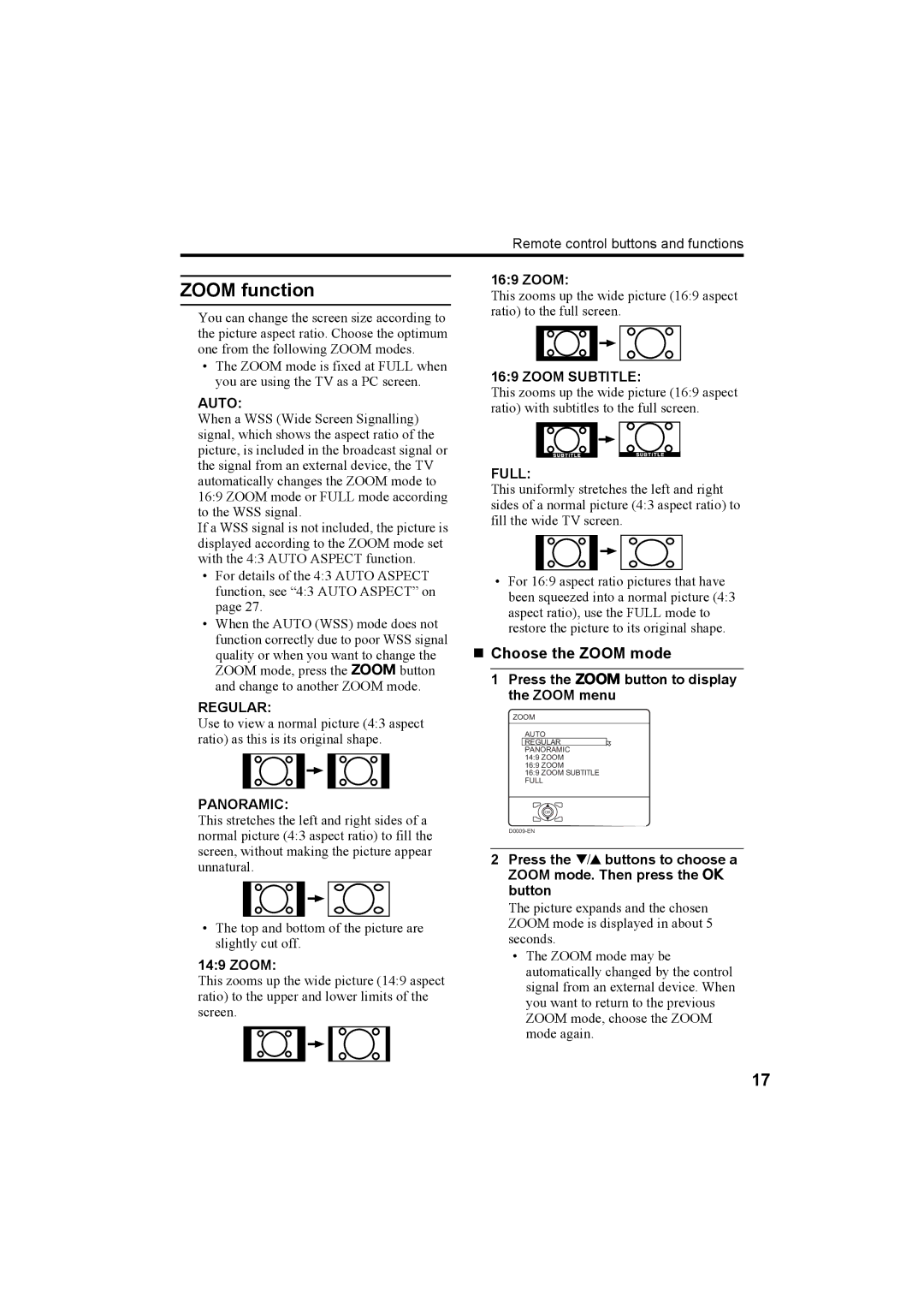 JVC LT-32A60BU, LT-32A60SU manual Zoom Auto Regular Panoramic 