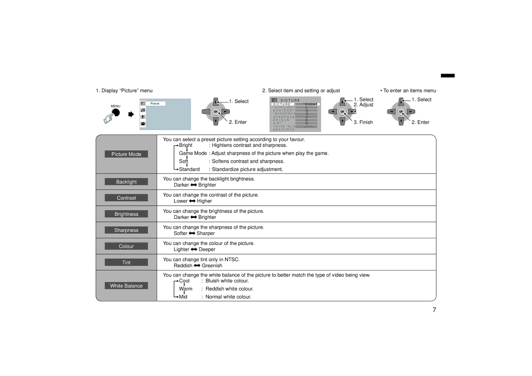 JVC LT 32EX19, LT-32BX19 instruction manual Picture setting, Select Adjust Finish Enter 