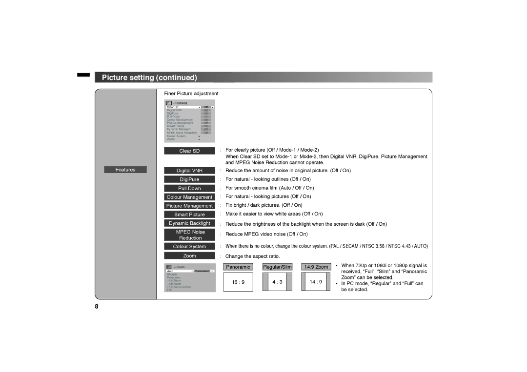 JVC LT-32BX19, LT 32EX19 instruction manual Finer Picture adjustment, Change the aspect ratio 