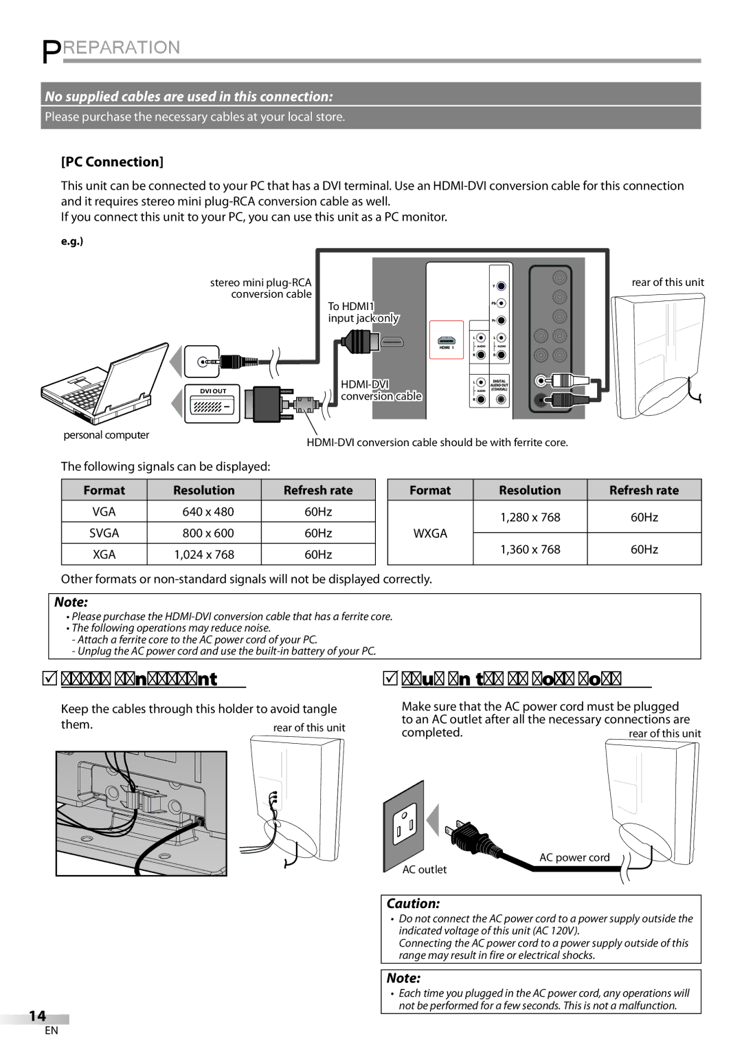 JVC LT-32DV20, LT-32D200 manual 5Cable Management, 5Plug In the AC Power Cord, PC Connection, Resolution 