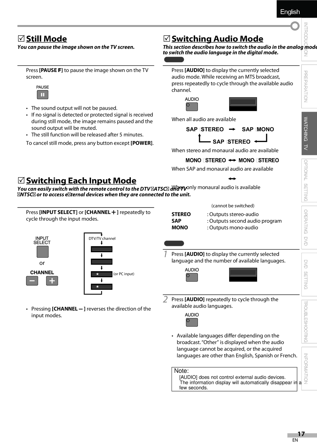 JVC LT-32D200, LT-32DV20 manual 5Still Mode, 5Switching Each Input Mode, 5Switching Audio Mode 