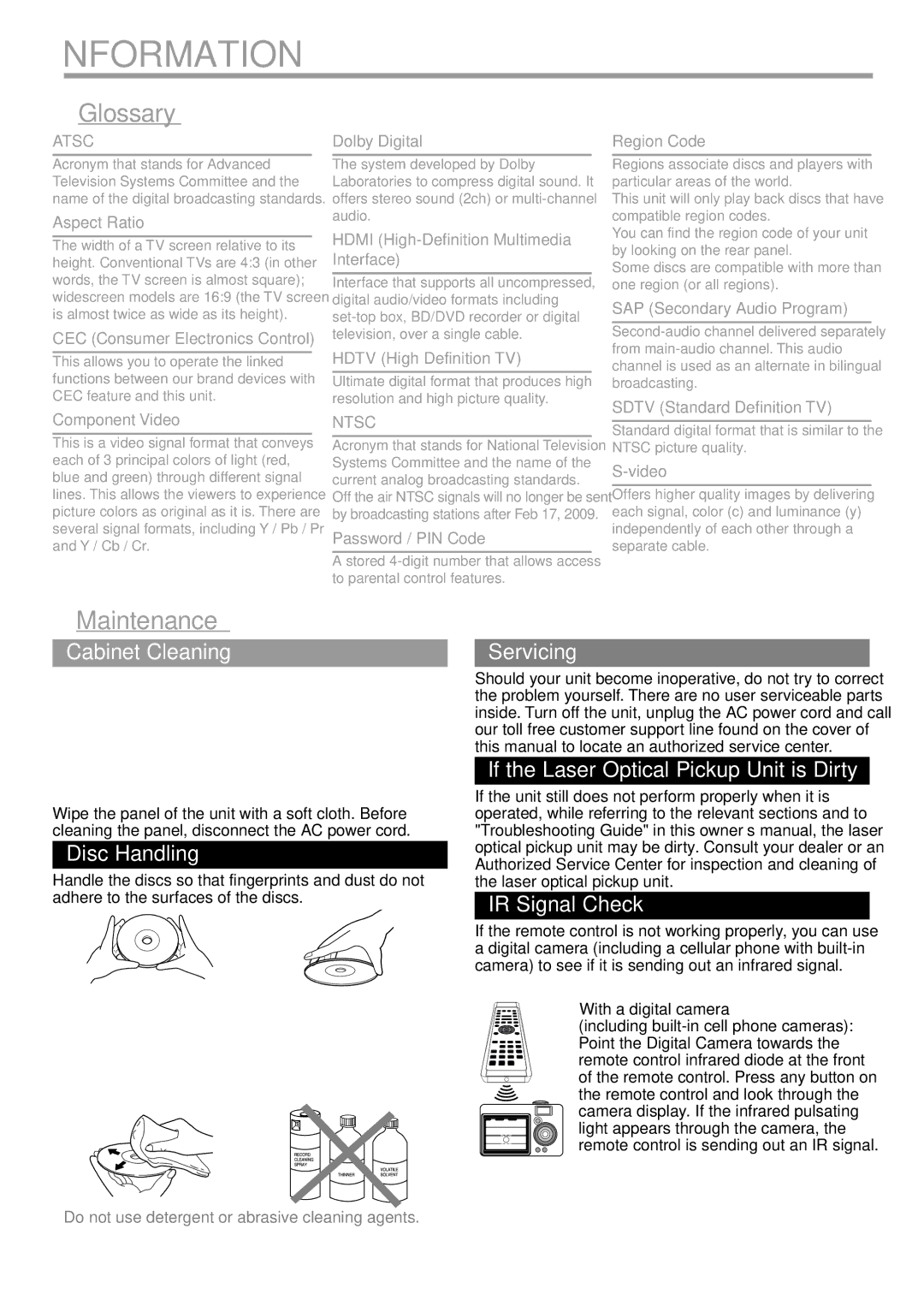 JVC LT-32DV20, LT-32D200 manual Information, Glossary, Maintenance, Ntsc 