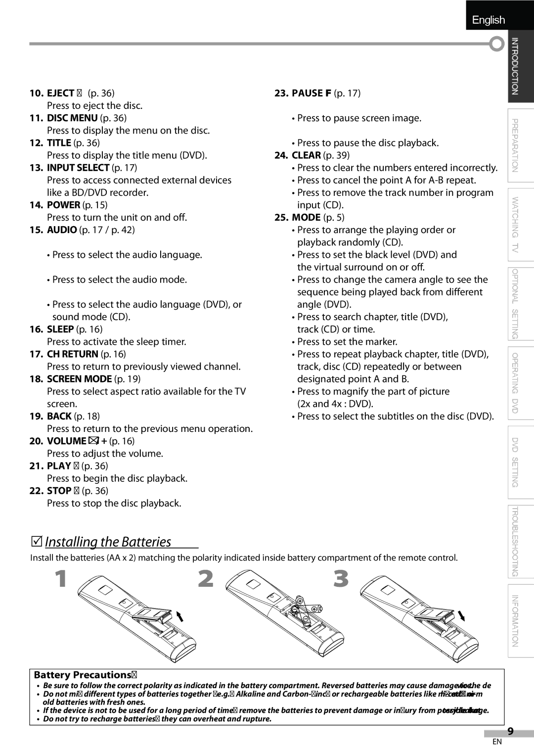 JVC LT-32D200, LT-32DV20 manual 5Installing the Batteries, Battery Precautions 