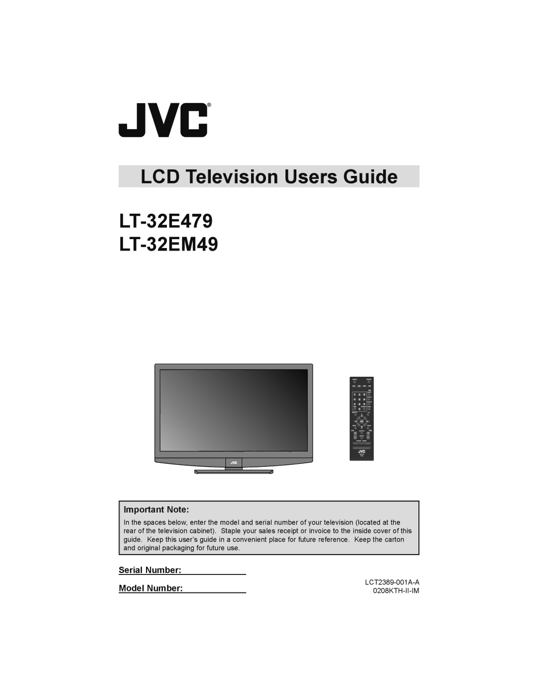 JVC LT-32EM49, LT-32E479 manual Important Note, Serial Number Model Number 