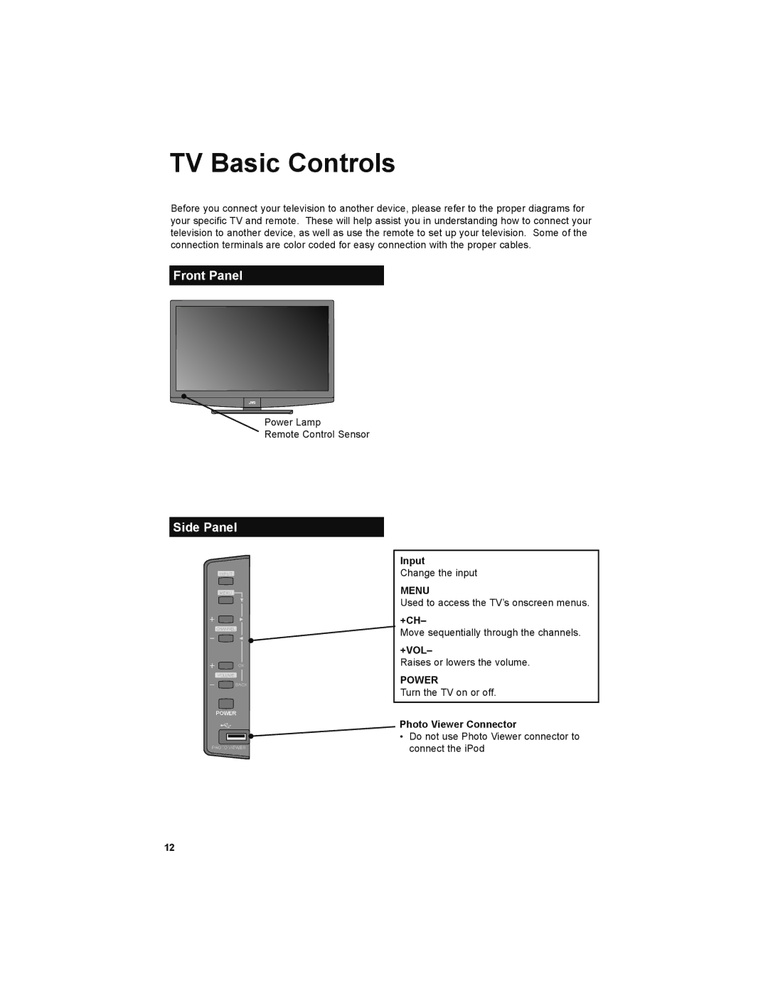 JVC LT-32E479, LT-32EM49 manual TV Basic Controls, Front Panel, Side Panel 