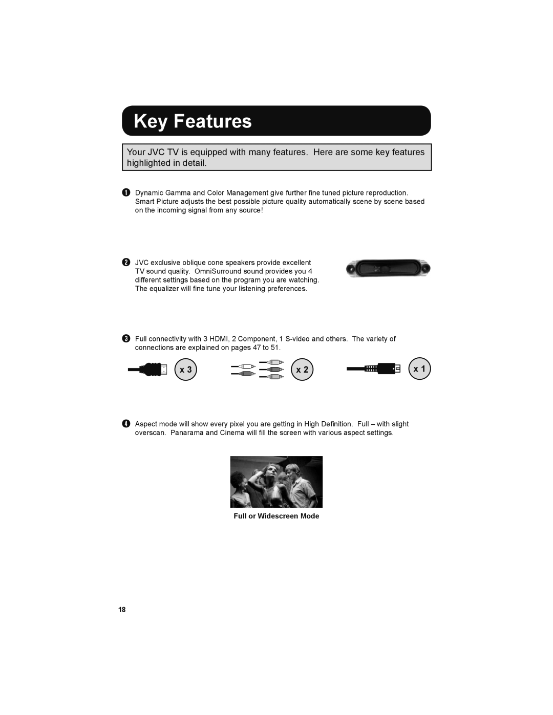 JVC LT-32E479, LT-32EM49 manual Key Features, Full or Widescreen Mode 