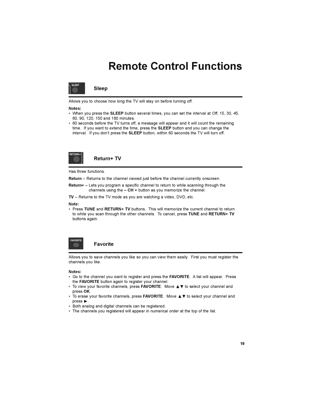 JVC LT-32EM49, LT-32E479 manual Remote Control Functions, Sleep, Return+ TV, Favorite 