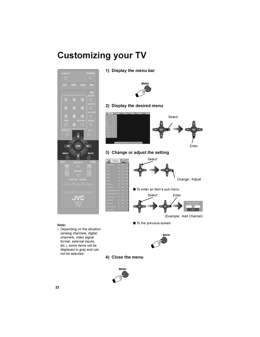 JVC LT-32E479, LT-32EM49 Customizing your TV, Display the menu bar Display the desired menu, Change or adjust the setting 