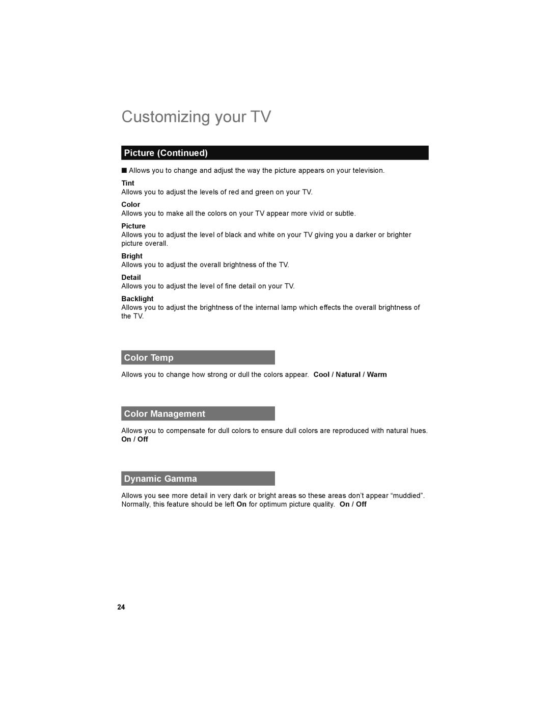 JVC LT-32E479, LT-32EM49 manual Color Temp, Color Management, Dynamic Gamma 