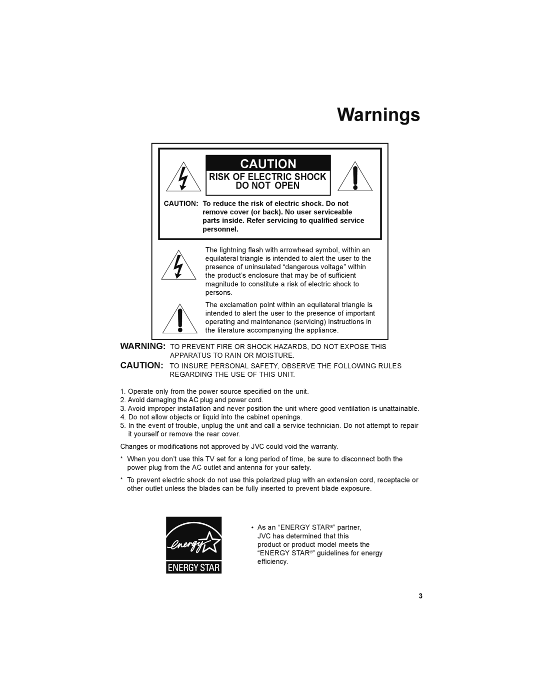 JVC LT-32EM49, LT-32E479 manual Risk of Electric Shock Do not Open 