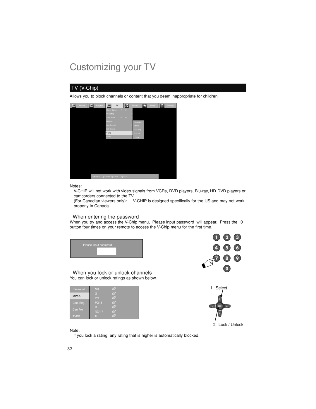 JVC LT-32E479, LT-32EM49 manual TV V-Chip, When entering the password, When you lock or unlock channels 