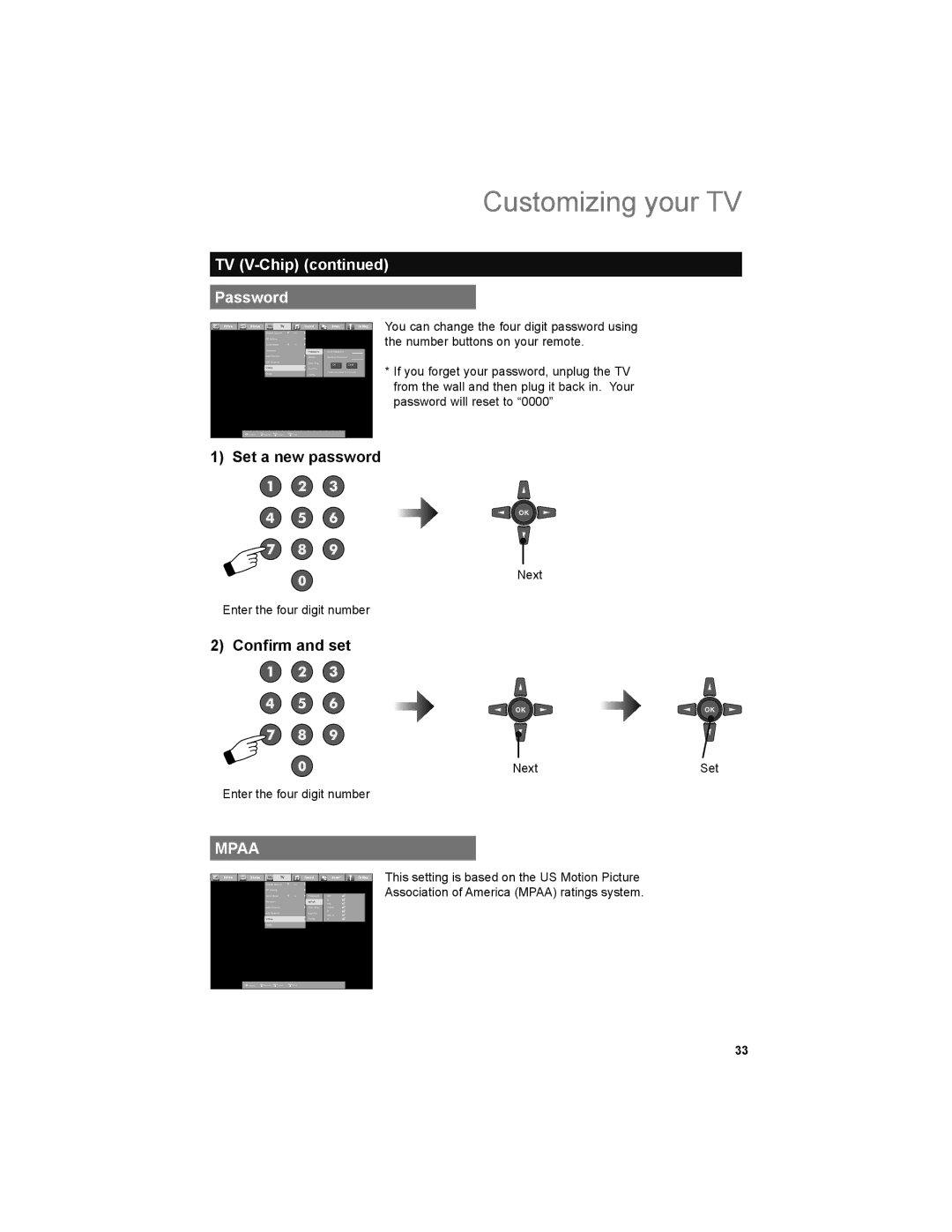 JVC LT-32EM49, LT-32E479 manual TV V-Chip Password, Set a new password, Conﬁrm and set 