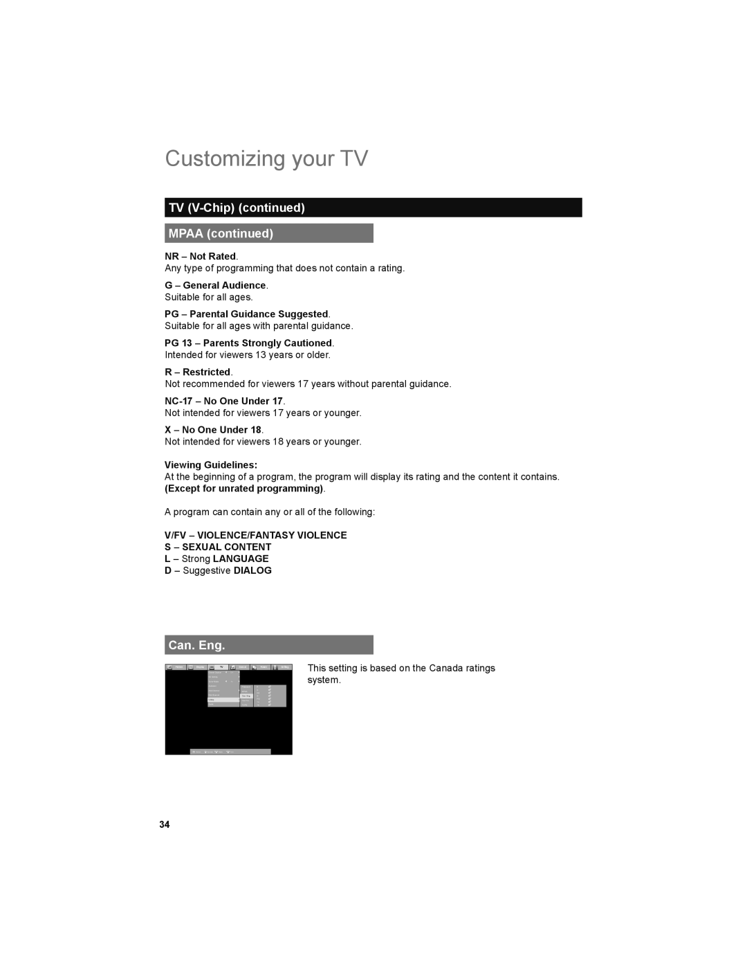 JVC LT-32E479, LT-32EM49 manual TV V-Chip Mpaa, Can. Eng 