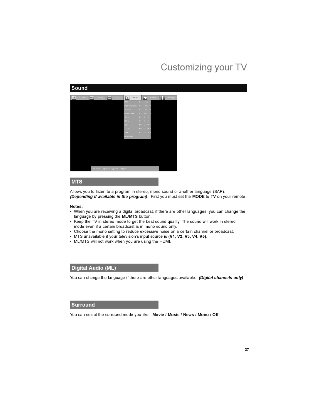 JVC LT-32EM49, LT-32E479 manual Sound, Digital Audio ML, Surround 