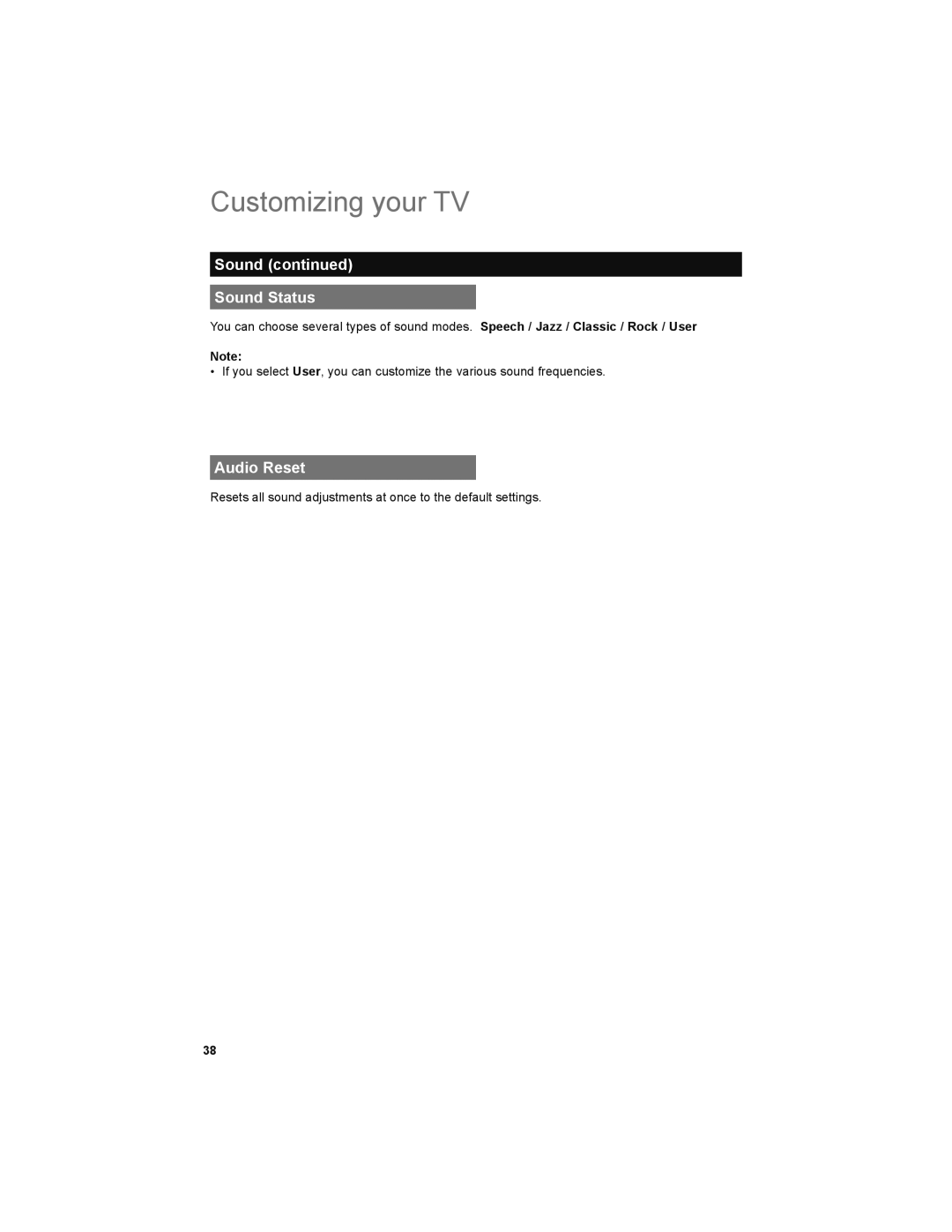 JVC LT-32E479, LT-32EM49 manual Sound Sound Status, Audio Reset 