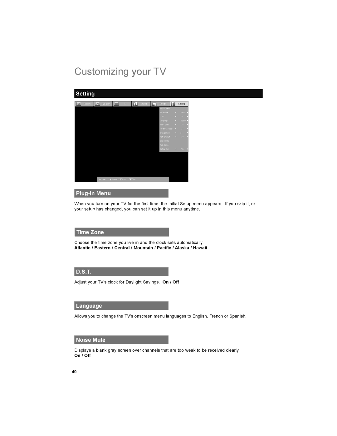 JVC LT-32E479, LT-32EM49 manual Plug-In Menu, Time Zone, Language, Noise Mute 