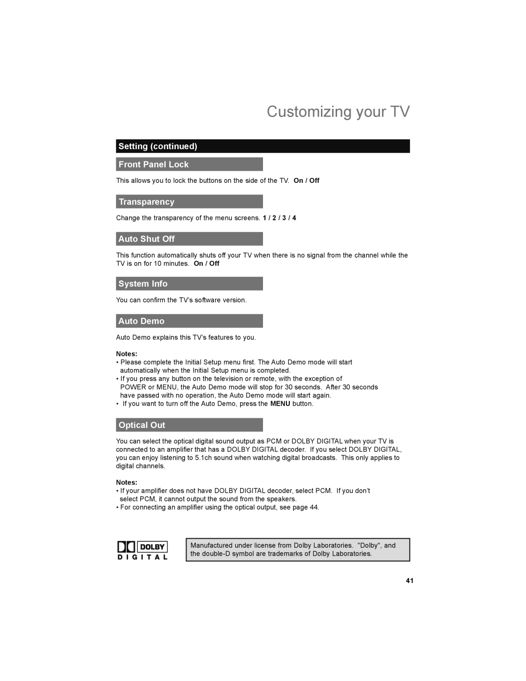 JVC LT-32EM49, LT-32E479 manual Setting Front Panel Lock, Transparency, Auto Shut Off, System Info, Auto Demo, Optical Out 