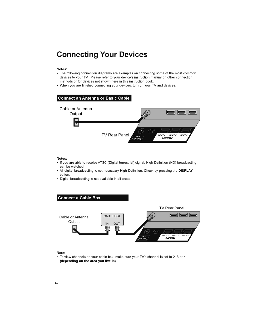 JVC LT-32E479, LT-32EM49 manual Connect an Antenna or Basic Cable, Connect a Cable Box 