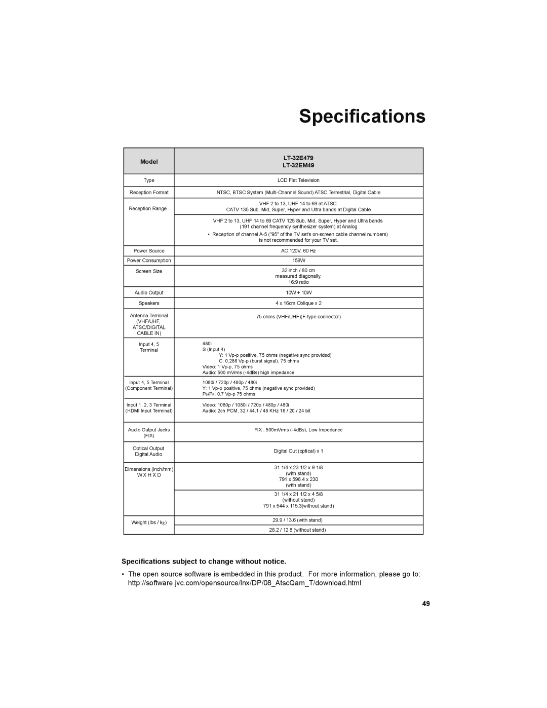 JVC LT-32EM49, LT-32E479 manual Speciﬁcations, Specifications subject to change without notice 