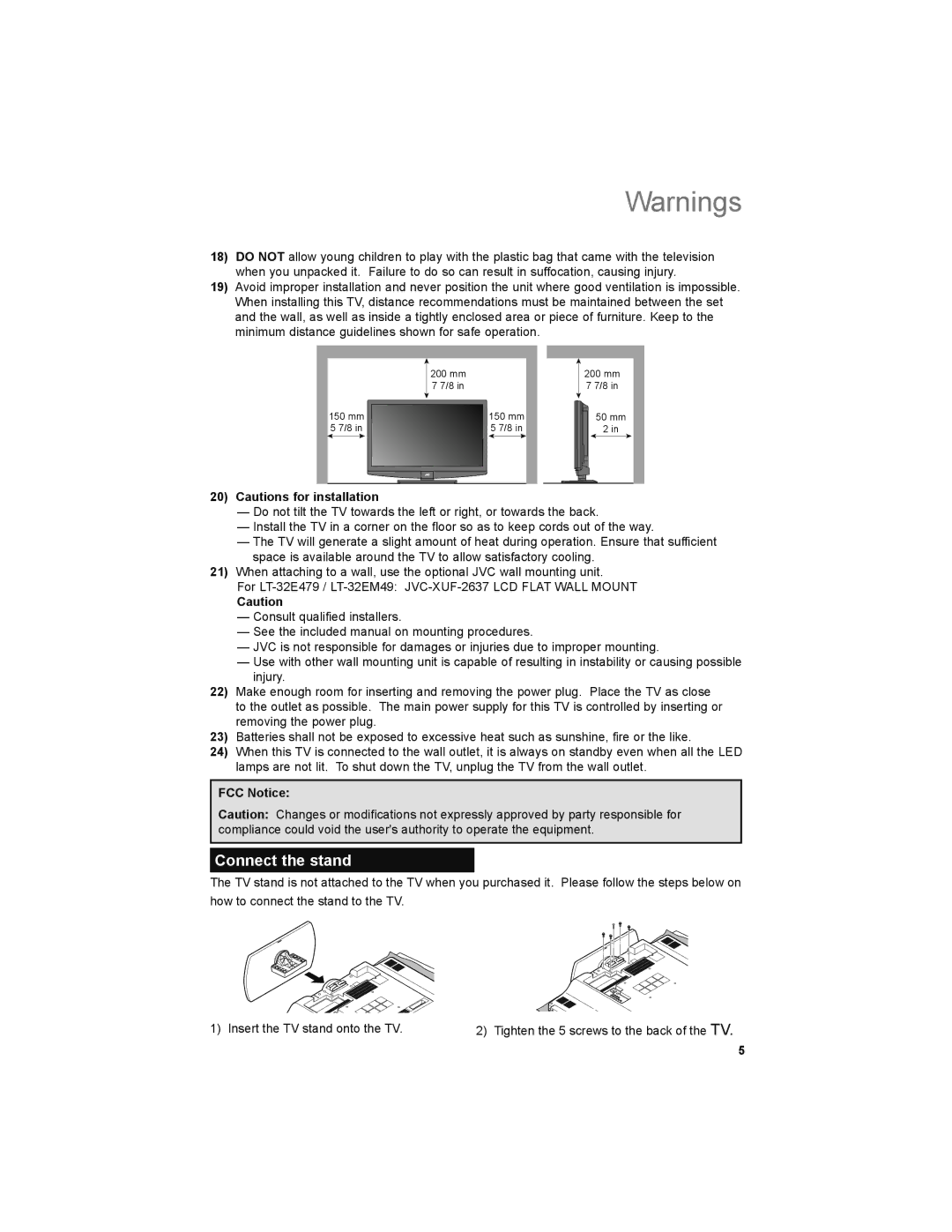 JVC LT-32EM49, LT-32E479 manual Connect the stand, FCC Notice 