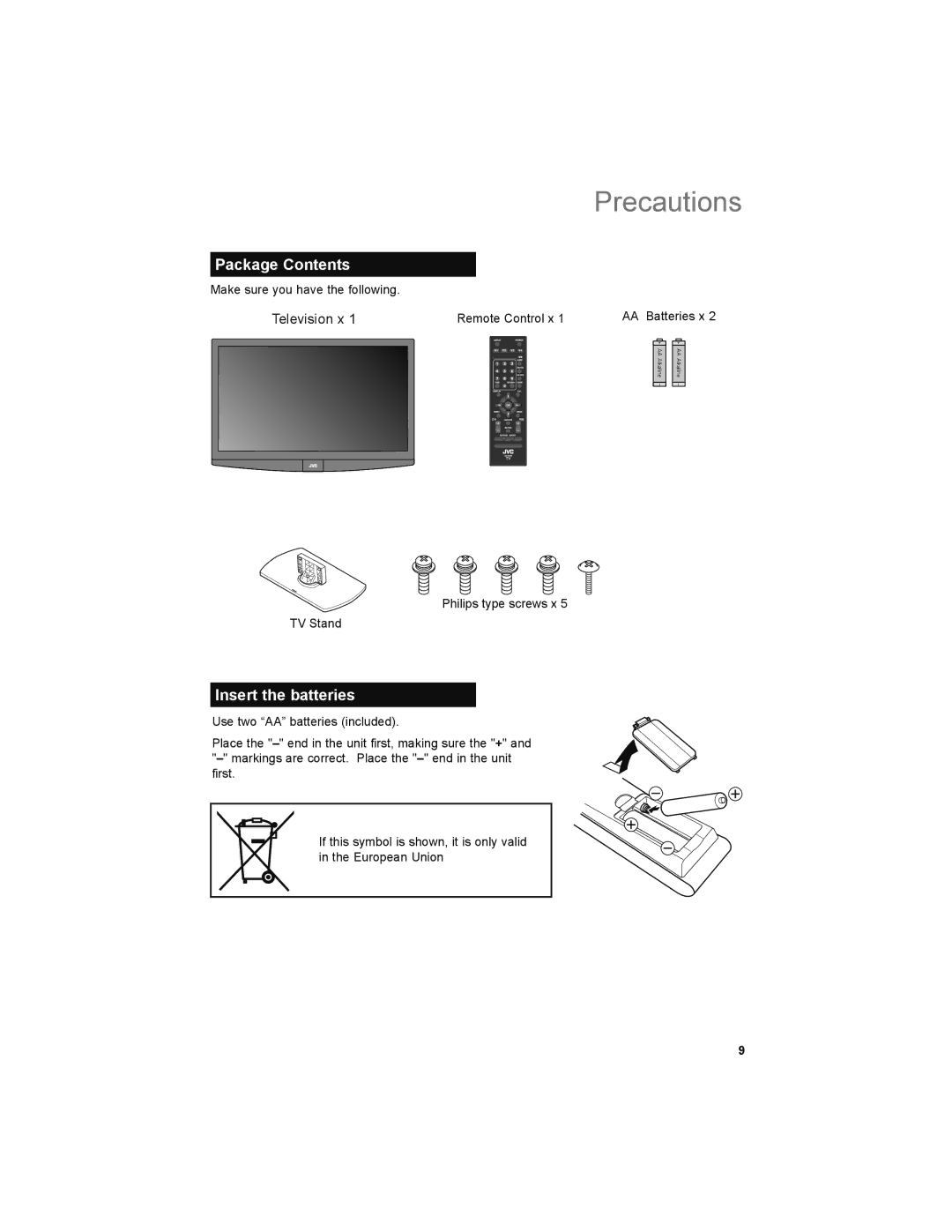 JVC LT-32EM49, LT-32E479 manual Package Contents, Insert the batteries 