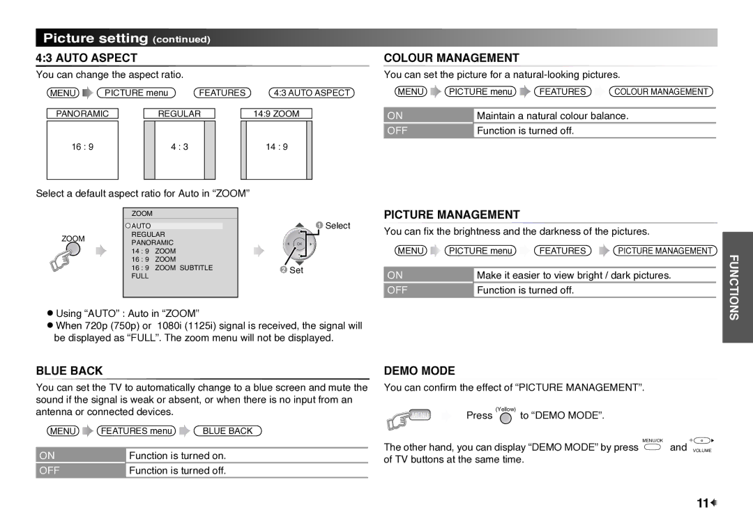 JVC LT-32EX177 instruction manual Auto Aspect, Colour Management, Picture Management, Blue Back, Demo Mode 