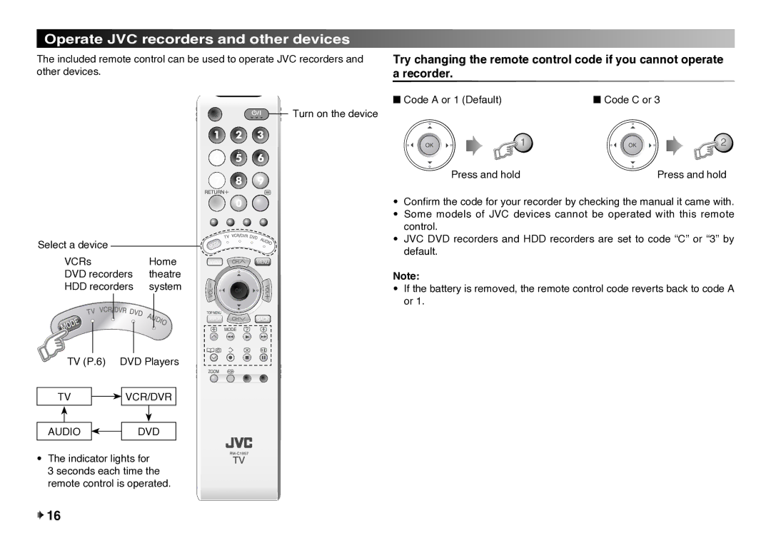 JVC LT-32EX177 Operate JVC recorders and other devices, Theatre, System, TV P.6 DVD Players, Code a or 1 Default Code C or 