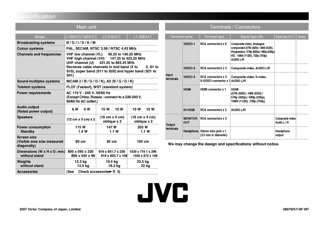 JVC LT-32EX177 instruction manual Speciﬁcation, Model, LT-37EX17 LT-42EX17 