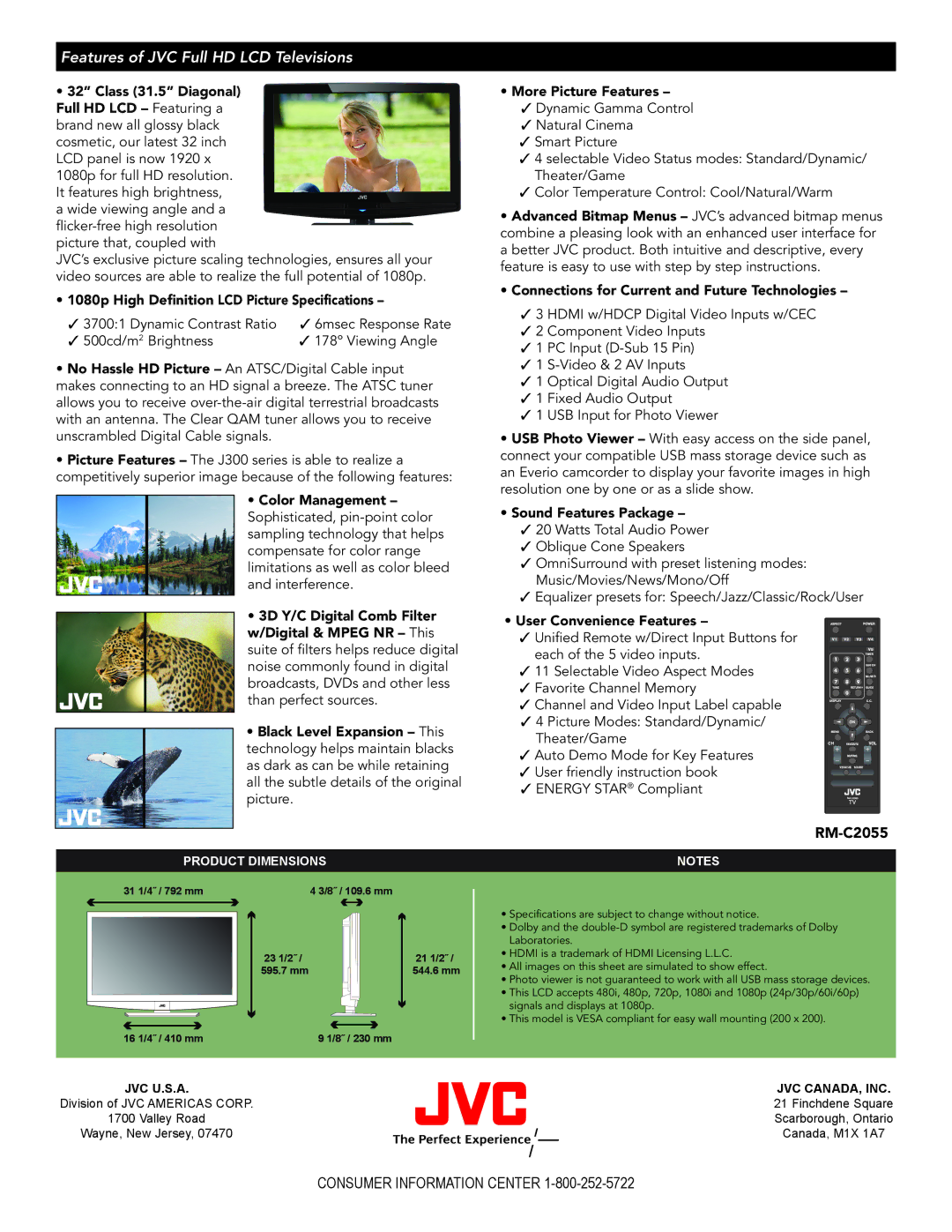 JVC LT-32J300 manual Features of JVC Full HD LCD Televisions, RM-C2055 