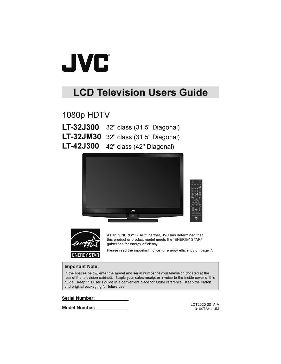 JVC LT-32JM30 manual Important Note, Serial Number Model Number 